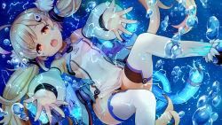 Rule 34 | 1girl, :o, ahoge, air bubble, armpits, arms up, azur lane, bare shoulders, black panties, blonde hair, blush, breasts, bubble, character name, clothes writing, covered navel, detached sleeves, dress, eldridge (azur lane), electricity, facial mark, feather trim, feet, hair ornament, hairclip, highres, long hair, long sleeves, looking at viewer, machinery, nomio, open mouth, panties, pantyshot, pink pupils, puffy long sleeves, puffy sleeves, red eyes, short dress, sideboob, small breasts, solo, spread fingers, tareme, thighhighs, twintails, underwater, underwear, upskirt, white dress, white thighhighs
