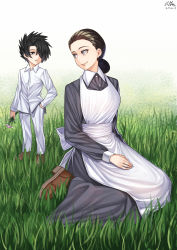Rule 34 | 1boy, 1girl, absurdres, apron, black eyes, black hair, brown footwear, child, commission, dated, day, eye contact, flower, grass, hair over one eye, hand in pocket, highres, holding, holding flower, isabella (yakusoku no neverland), long sleeves, looking at another, mother and son, nanni jjang, outdoors, pants, purple eyes, ray (yakusoku no neverland), shirt, sitting, smile, standing, wariza, white pants, white shirt, yakusoku no neverland