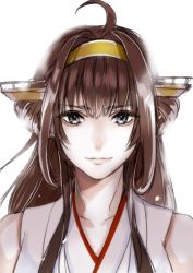 Rule 34 | 10s, 1girl, ahoge, alternate eye color, bare shoulders, brown hair, closed mouth, collarbone, commentary, double bun, grey eyes, hair between eyes, hairband, headgear, hoshino (cona), japanese clothes, kantai collection, kongou (kancolle), looking at viewer, nontraditional miko, simple background, smile, solo, upper body, white background