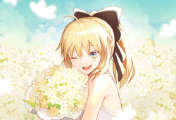 Rule 34 | 1girl, ahoge, artoria pendragon (all), artoria pendragon (fate), bare shoulders, black bow, blonde hair, blush, bouquet, bow, commentary request, dress, fate (series), flower, green eyes, hair bow, highres, looking at viewer, meow (cindy738), one eye closed, ponytail, saber lily, smile, solo, teeth, upper teeth only, yellow flower