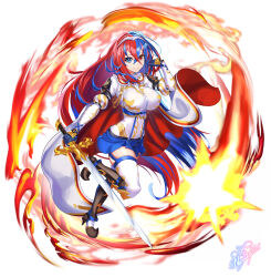 Rule 34 | 1girl, absurdres, alear (female) (fire emblem), alear (fire emblem), armor, blue eyes, blue hair, blue skirt, breasts, cape, fire emblem, fire emblem engage, hair between eyes, heterochromia, highres, impossible clothes, impossible shirt, large breasts, leg up, long hair, looking at viewer, miniskirt, multicolored hair, nez-box, nintendo, red eyes, red hair, shirt, signature, skirt, smile, solo, sword, thighhighs, thighs, very long hair, weapon, zettai ryouiki