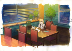 Rule 34 | 1girl, blonde hair, blue eyes, book, border, brown overalls, chair, closed mouth, coffee mug, cup, desk, hand up, highres, indoors, long hair, long sleeves, mug, open book, original, overalls, plant, potted plant, restaurant, sawitou mizuki, signature, sitting, smile, solo, sweater, tree, watch, white border, white sweater, wristwatch