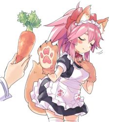 Rule 34 | 10s, 1girl, alternate costume, animal ears, animal hands, apron, bell, blush, blush stickers, bow, breasts, carrot, claws, closed eyes, closed mouth, collar, commentary request, cowboy shot, dress, fang, fate/extra, fate/grand order, fate (series), fingernails, food, fox ears, fox tail, frilled apron, frilled dress, frills, fujimaru ritsuka (female), gloves, hair between eyes, hair bow, hand on own chest, headdress, holding, holding food, image sample, jingle bell, long hair, maid, maid apron, maid headdress, neck bell, paw gloves, pink hair, pocket, ponytail, puffy short sleeves, puffy sleeves, red bow, short sleeves, simple background, standing, tail, tamamo (fate), tamamo cat (fate), tamamo no mae (fate/extra), thighhighs, twitter sample, urayamashiro (artist), vegetable, white apron, white background, white thighhighs
