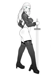 Rule 34 | 1girl, 2b (nier:automata), 2b (nier:automata) (cosplay), ass, blue eyes, boots, braid, breasts, cosplay, final fantasy, final fantasy xiv, from side, greyscale, high heel boots, high heels, holding, holding sword, holding weapon, jamjamstyle, large breasts, long hair, looking at viewer, monochrome, single braid, smile, solo, spot color, sword, thighhighs, thighhighs under boots, venat (ff14), weapon, white background