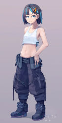 Rule 34 | 1girl, artist name, black hair, blue eyes, blue hair, boots, closed mouth, commentary request, crop top, dated, frown, full body, grey background, hair ornament, hand on own hip, highres, j.h j.h, multicolored hair, navel, original, pants, pocket, shirt, short hair, sleeveless, sleeveless shirt, solo, standing, streaked hair, tomboy, two-tone hair, v-shaped eyebrows, white shirt