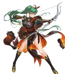 Rule 34 | 1girl, alternate color, alternate costume, armor, arrow (projectile), boots, bow (weapon), breasts, capelet, closed mouth, earrings, feather trim, female focus, fingerless gloves, fire emblem, fire emblem: the blazing blade, fire emblem heroes, full body, fur trim, gloves, gold trim, gradient clothes, green eyes, green hair, hair ornament, high ponytail, highres, holding, holding bow (weapon), holding weapon, jewelry, kakage, knee boots, long hair, looking away, lyn (brave lady) (fire emblem), lyn (brave lady) (resplendent) (fire emblem), lyn (fire emblem), matching hair/eyes, medium breasts, nintendo, non-web source, official art, pelvic curtain, ponytail, quiver, short sleeves, solo, thighs, transparent background, weapon