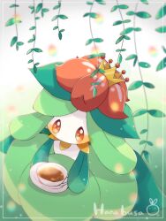Rule 34 | animal focus, artist name, blush, border, commentary request, creatures (company), crown, cup, game freak, gen 5 pokemon, hanabusaoekaki, hanging plant, highres, holding, holding plate, leaf, lilligant, nintendo, no humans, plate, pokemon, pokemon (creature), red eyes, solid oval eyes, solo, teacup, white border