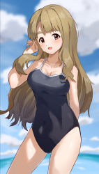 Rule 34 | 1girl, black one-piece swimsuit, blue one-piece swimsuit, blue sky, breasts, brown eyes, brown hair, cloud, collarbone, competition school swimsuit, cowboy shot, ebifu, highres, idolmaster, idolmaster million live!, large breasts, long hair, looking at viewer, miyao miya, one-piece swimsuit, school swimsuit, sky, solo, standing, swimsuit, thick eyebrows