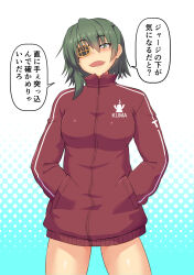 Rule 34 | 1girl, breasts, brown jacket, cowboy shot, eyepatch, green eyes, green hair, hands in pockets, highres, jacket, kantai collection, kiso (kancolle), kiso kai ni (kancolle), looking at viewer, medium breasts, nokishita kumoemon, official alternate costume, open mouth, short hair, solo, speech bubble, standing, track jacket, translation request