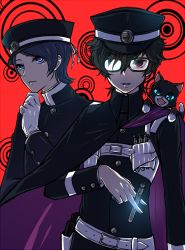 Rule 34 | 10s, 2boys, amamiya ren, animal, animal on shoulder, aqua eyes, belt, black hair, blue eyes, blue hair, cape, cat, cosplay, crossover, devil summoner, fangs, gloves, hand on own chin, hat, holster, kitagawa yuusuke, kuzunoha raidou, kuzunoha raidou (cosplay), male focus, megami tensei, military, military hat, military uniform, morgana (persona 5), multiple boys, open mouth, parted lips, persona, persona 5, red eyes, seta makoto, shin megami tensei, uniform, white gloves