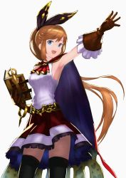 Rule 34 | 10s, 1girl, :d, armpits, bad id, bad pixiv id, belt, black thighhighs, blue cape, blue eyes, book, cape, clarisse (granblue fantasy), cowboy shot, dot nose, dress, gloves, granblue fantasy, hair ribbon, highres, holding, holding book, leather, leather gloves, long hair, looking at viewer, open mouth, orange hair, outstretched arm, ponytail, ribbon, simple background, skirt, sleeveless, sleeveless dress, smile, solo, thighhighs, very long hair, wasabi60, white background