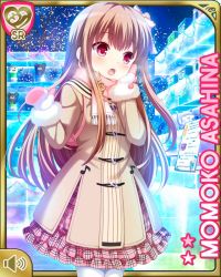 Rule 34 | 1girl, :o, asahina momoko, bow, brown hair, card (medium), character name, coat, dress, girlfriend (kari), hair bow, hair ribbon, ice sculpture, mittens, night, official art, one side up, open mouth, outdoors, pink dress, qp:flapper, red eyes, ribbon, side ponytail, skirt, snow, snowing, solo, white bow, winter clothes, winter coat
