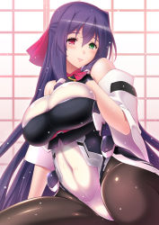 Rule 34 | 1girl, asama tomo, blush, bodysuit, breasts, covered navel, green eyes, heterochromia, huge breasts, kyoukaisenjou no horizon, light smile, lintanghaseo, lips, long hair, looking at viewer, pantyhose, purple hair, red eyes, shiny clothes, solo, very long hair