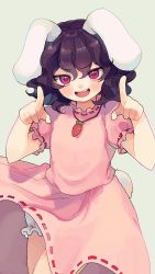 Rule 34 | 1girl, :d, animal ears, bloomers, blush, bob cut, brown hair, carrot necklace, cowboy shot, dress, flat chest, floppy ears, garan co, grey background, hands up, highres, inaba tewi, index finger raised, jewelry, looking at viewer, necklace, open mouth, pink dress, pink eyes, rabbit ears, rabbit tail, short hair, simple background, smile, solo, tail, touhou, underwear, v-shaped eyebrows, wavy hair