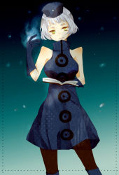 Rule 34 | 1girl, atlus, bare shoulders, book, boots, breasts, dress, elizabeth (persona), female focus, gloves, gradient background, hat, pantyhose, persona, persona 3, short hair, sleeveless, sleeveless dress, smile, solo, white hair, yellow eyes
