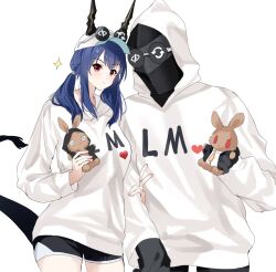 Rule 34 | 1girl, 1other, arknights, baseball cap, black gloves, black shorts, blue hair, ch&#039;en (arknights), clothes writing, commentary request, cowboy shot, doctor (arknights), dragon tail, eyewear on headwear, gloves, hat, heart, highres, holding, holding stuffed toy, hood, hoodie, lily0428, long hair, looking at viewer, low twintails, red eyes, short shorts, shorts, sidelocks, simple background, standing, stuffed animal, stuffed rabbit, stuffed toy, sunglasses, tail, twintails, white background, white headwear, white hoodie