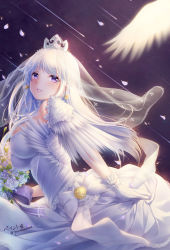 Rule 34 | 1girl, artist name, azur lane, blush, bouquet, breasts, bridal veil, crown, dress, earrings, enterprise (azur lane), enterprise (starlight oath) (azur lane), flower, gloves, holding, jewelry, large breasts, long hair, looking at viewer, looking back, mini crown, paint musume, parted lips, petals, purple eyes, smile, solo, standing, twitter username, veil, wedding dress, white dress, white gloves, white hair
