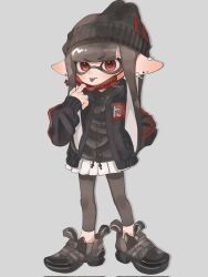 Rule 34 | 1girl, :p, beanie, black footwear, black hair, black headwear, black jacket, black leggings, black shirt, buttons, commentary request, ear piercing, eyebrows hidden by hair, full body, grey background, hand in pocket, hat, highres, inkling, inkling girl, inkling player character, jacket, leggings, lemo (lemo 4), lifted by self, long hair, looking at viewer, mask, mask lift, mouth mask, nintendo, piercing, pleated skirt, pointy ears, red eyes, shirt, shoes, simple background, skirt, sleeves past wrists, solo, splatoon (series), standing, tentacle hair, tongue, tongue out, v-shaped eyebrows, white skirt
