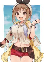 Rule 34 | 1girl, :d, atelier (series), atelier ryza, atelier ryza 1, belt, belt buckle, beret, black ribbon, blue sky, blush, breasts, brown belt, brown eyes, brown hair, brown shirt, buckle, cloud, collarbone, commentary request, cowboy shot, day, hair ornament, hairclip, hand up, hat, highres, jacket, jewelry, looking at viewer, medium breasts, navel, necklace, open clothes, open jacket, open mouth, puffy short sleeves, puffy sleeves, red shorts, reisalin stout, ribbon, shirt, short shorts, short sleeves, shorts, sidelocks, sky, sleeveless, sleeveless jacket, smile, solo, star (symbol), star necklace, tadanoshi kabane, teeth, thigh gap, upper teeth only, white hat, yellow jacket