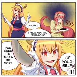 Rule 34 | 2girls, blonde hair, commentary, crossover, dot nose, dragon girl, dragon horns, elbow gloves, english commentary, english text, food, gloves, gradient hair, hair ornament, hairclip, holding, holding knife, holding plate, horns, knife, kobayashi-san chi no maidragon, lamia, long hair, long sleeves, maid, maid headdress, miia (monster musume), monmusu, monster, monster girl, multicolored hair, multiple girls, necktie, orange eyes, plate, pointing weapon, pointy ears, puffy short sleeves, puffy sleeves, purple hair, red hair, red necktie, shirt, short sleeves, silent-shanin, snake tail, speech bubble, sweater, tail, tohru (maidragon), very long hair, white gloves, white shirt, wide oval eyes, yellow background, yellow sweater