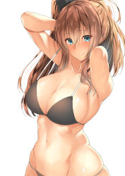 Rule 34 | 10s, 1girl, armpits, arms behind head, arms up, b-ginga, bikini, black bikini, blue eyes, blush, breasts, brown hair, cleavage, collarbone, hair between eyes, kantai collection, large breasts, long hair, looking at viewer, navel, saratoga (kancolle), side ponytail, simple background, skindentation, smile, smokestack, solo, swimsuit, upper body, white background