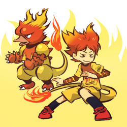 Rule 34 | 1990s (style), 1boy, creatures (company), fire, flame-tipped tail, game freak, gen 1 pokemon, hitec, magmar, male focus, moemon, nintendo, personification, pokemon, pokemon (creature), pokemon rgby, red hair, retro artstyle, short hair, shorts, tail