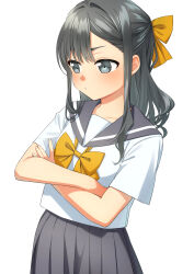 1girl asuka_gin black_hair blush bow bowtie cowboy_shot crossed_arms grey_skirt highres long_hair orange_bow original pleated_skirt ribbon school_uniform serafuku shirt short_sleeves simple_background skirt solo white_background white_shirt yellow_bow yellow_ribbon