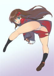 Rule 34 | 1girl, arima miyako, ass, black socks, bow, brown hair, chinese clothes, clothes between thighs, commentary request, female focus, flats, from behind, full body, gradient background, green eyes, hair bow, highres, johan (johan13), kneepits, legs, long hair, looking back, melty blood, panties, pantyshot, red bow, shoes, socks, solo, tsukihime, underwear, upskirt, white panties, wide sleeves