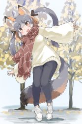 Rule 34 | 1girl, absurdres, alternate costume, animal ears, black pants, blush, casual, commentary request, fox ears, fox girl, fox tail, grey hair, hair tie, highres, island fox (kemono friends), iwa (iwafish), kemono friends, kemono friends v project, long sleeves, multicolored hair, orange eyes, orange hair, pants, red scarf, scarf, shoes, sneakers, solo, sweater, tail, twintails, two-tone hair, virtual youtuber, white footwear, white sweater