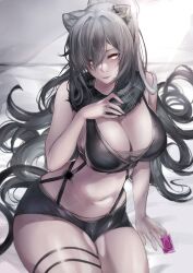 Rule 34 | 1girl, absurdres, animal ears, arknights, bare arms, bare shoulders, black scarf, black shorts, breasts, cat ears, cleavage, commentary request, condom, condom wrapper, crop top, grey eyes, grey hair, hair over one eye, highres, large breasts, long hair, looking at viewer, midriff, navel, scarf, schwarz (arknights), short shorts, shorts, sitting, sleeveless, smile, solo, stomach, thigh strap, thighs, very long hair, yujieai