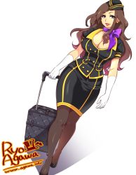 Rule 34 | 1girl, agawa ryou, artist name, bad id, bad tumblr id, blue eyes, breasts, brown hair, cleavage, dutch angle, earrings, flight attendant, gloves, jewelry, large breasts, long hair, luggage, original, pantyhose, shadow, simple background, solo, travel attendant, watermark, web address, white background, white gloves, wide hips