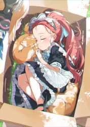 Rule 34 | 2girls, animal, animal ear headphones, animal ears, apron, black dress, blonde hair, blue archive, blush, box, cardboard box, cat, closed eyes, closed mouth, commentary request, dress, fake animal ears, frilled apron, frilled dress, frills, gomennasai, headphones, highres, in box, in container, long hair, lying, maid, maid headdress, momoi (blue archive), multiple girls, on side, puffy short sleeves, puffy sleeves, red eyes, red hair, short hair, short sleeves, sleeping, solo focus, white apron, yuzu (blue archive), yuzu (maid) (blue archive)