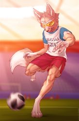 Rule 34 | 1boy, 2018 fifa world cup, ancesra, animal ears, animal hands, animal nose, artist name, ball, barefoot, blue shirt, blurry, blurry background, body fur, brown fur, claws, closed mouth, clothes writing, day, english text, fox boy, fox ears, fox tail, furry, furry male, grass, green eyes, hands up, highres, indoors, kicking, leg up, looking at viewer, male focus, motion blur, orange-framed eyewear, orange-tinted eyewear, patreon username, pawpads, red pupils, red shorts, shirt, short sleeves, shorts, snout, soccer, soccer ball, soccer field, soccer uniform, solo, sportswear, stadium, standing, standing on one leg, sunglasses, sunset, tail, tinted eyewear, toned, toned male, two-tone fur, v-shaped eyebrows, vest, watermark, web address, white fur, white vest, world cup, zabivaka
