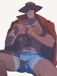 Rule 34 | 1boy, abs, arsene lupin iii, bara, blush, boxer briefs, bulge, chopsticks, closed eyes, coat, cup ramen, eating, hairy, hat, highres, holding, holding chopsticks, kon likes corn, long sideburns, lupin iii, male focus, male underwear, manly, mature male, muscular, muscular male, nipples, no pants, no shirt, open clothes, open coat, pectorals, sideburns, simple background, sitting, solo, spread legs, teeth, thick eyebrows, thick thighs, thighs, underwear, watch, white background