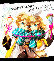 Rule 34 | 1boy, 1girl, blonde hair, blue eyes, bouquet, bow, brother and sister, flower, hair bow, hair ornament, hairclip, happy birthday, kagamine len, kagamine rin, ria (rilpoppo), ribbon, scarf, shared clothes, shared scarf, short hair, siblings, smile, striped clothes, striped scarf, twins, vocaloid