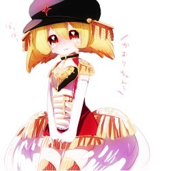 Rule 34 | black hat, blonde hair, crying, crying with eyes open, elbow gloves, epaulettes, feathered wings, flat chest, gloves, hair between eyes, hair wings, hat, low wings, mahou shoujo ikusei keikaku, no nose, open mouth, postarie, red eyes, red shorts, shirt, shorts, simple background, sketch, sleeveless, sleeveless shirt, tears, translation request, usagi nui, white background, white gloves, white shirt, white wings, wings
