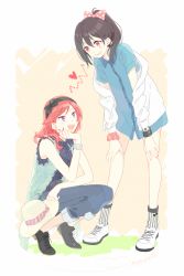 Rule 34 | 10s, 2girls, alternate hairstyle, black hair, blush, bow, bracelet, denim, hair bow, hat, unworn hat, unworn headwear, holding, holding clothes, holding hat, jacket, jeans, jewelry, karuha, looking at another, love live!, love live! school idol project, multiple girls, nishikino maki, open clothes, open jacket, open mouth, pants, polka dot, polka dot bow, ponytail, purple eyes, red eyes, red hair, scrunchie, shirt, shoes, short hair, simple background, sleeveless, smile, sneakers, squatting, sun hat, wrist scrunchie, yazawa nico