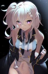 Rule 34 | 1girl, absurdres, azur lane, bare shoulders, black background, black coat, black necktie, blush, braid, buttons, closed mouth, coat, commentary request, groin, hair between eyes, hand up, highres, long bangs, long hair, looking at viewer, military uniform, navel, necktie, off shoulder, one side up, partially undressed, purple eyes, revision, sashiro koma, smile, solo, stomach, textless version, uniform, white hair, z1 leberecht maass (azur lane), z1 leberecht maass (retrofit) (azur lane)