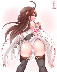 Rule 34 | &gt;:d, 10s, 1girl, :d, ahoge, artist name, ass, bare shoulders, brown eyes, brown hair, detached sleeves, from behind, gradient background, headgear, highres, japanese clothes, kanon (kurogane knights), kantai collection, kongou (kancolle), kongou kai ni (kancolle), long hair, looking back, nontraditional miko, open mouth, panties, pantyshot, smile, solo, thighhighs, underwear, v-shaped eyebrows, wedgie, white panties