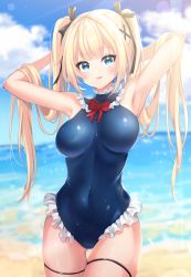 Rule 34 | 1girl, :p, armpits, arms behind head, arms up, azur lane, beach, blonde hair, blue eyes, blue one-piece swimsuit, blurry, blush, breasts, breasts apart, cloud, covered navel, dead or alive, depth of field, frilled swimsuit, frills, gluteal fold, halterneck, highres, long hair, looking back, marie rose, ocean, one-piece swimsuit, one eye closed, outdoors, ruima, sky, smile, solo, swimsuit, thigh gap, thigh strap, thighs, tongue, tongue out, twintails, very long hair, water drop