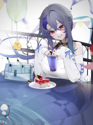 Rule 34 | 1girl, absurdres, azur lane, bare legs, bare shoulders, cake, drink, foch (azur lane), foch (rainbow rendezvous) (azur lane), food, glass table, hair between eyes, high-waist shorts, highres, holding, holding drink, long hair, long sleeves, looking at viewer, manjuu (azur lane), multicolored hair, nail polish, nanonuo, navel, off shoulder, official alternate costume, red eyes, shorts, sitting, sleeves past wrists, smile, table