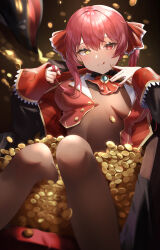 Rule 34 | 1girl, :q, absurdres, ascot, black jacket, breasts, breasts apart, brooch, closed mouth, coin, commentary request, cropped jacket, cropped vest, gold coin, gold trim, hands up, hat, unworn hat, unworn headwear, heterochromia, highres, hololive, houshou marine, jacket, jewelry, knees up, large breasts, licking lips, long hair, looking at viewer, lucy (rusi-juren328), lying, multicolored clothes, multicolored jacket, on back, open clothes, open jacket, pirate hat, playing with own hair, raised eyebrows, red ascot, red eyes, red hair, red jacket, revision, sleeveless, sleeveless jacket, smile, solo, tongue, tongue out, treasure chest, twintails, two-tone jacket, vest, virtual youtuber, yellow eyes