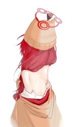 Rule 34 | 1girl, absurdres, bare back, bare shoulders, beanie, blue archive, brown hat, brown shirt, cowboy shot, facing away, from behind, halo, hat, highres, maki (blue archive), maki (camp) (blue archive), off shoulder, official alternate costume, red hair, red halo, shirt, simple background, solo, unso (exxxxit), white background