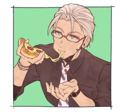 Rule 34 | 1boy, :t, anmochi, aqua eyes, arurandeisu, black shirt, bracelet, cheese trail, collared shirt, eating, facial hair, food, glasses, goatee, green background, hair slicked back, holding, holding food, holostars, jewelry, male focus, mature male, necktie, outside border, pizza, print necktie, red-framed eyewear, shirt, solo, upper body, virtual youtuber, watch, white hair, white necktie, wristwatch
