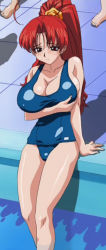 Rule 34 | 00s, blush, breast hold, breasts, eiken, huge breasts, one-piece swimsuit, ponytail, red eyes, red hair, school swimsuit, screencap, shinonome chiharu, solo, swimsuit