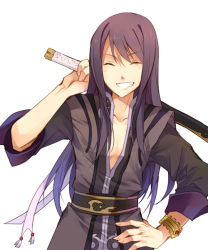 Rule 34 | 00s, 1boy, ^ ^, black hair, blush, closed eyes, collarbone, grin, holding, katana, looking at viewer, male focus, simple background, smile, solo, suzushiro kurumi, sword, tales of (series), tales of vesperia, weapon, white background, yuri lowell