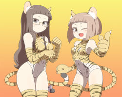 Rule 34 | 2girls, animal ears, animal hands, animal print, bare shoulders, breasts, brown eyes, brown hair, claws, elbow gloves, glasses, gloves, hime cut, ken (koala), long hair, medium breasts, multiple girls, nipples, one eye closed, open mouth, original, paw gloves, short hair, small breasts, striped legwear, tail, thighhighs, thighs, tiger ears, tiger paws, tiger print, tiger tail, wink