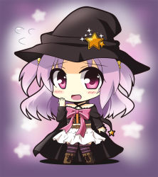 Rule 34 | 1girl, :d, arm at side, arm warmers, belt, black cape, black hat, black shirt, black sleeves, blush, brown belt, brown footwear, cape, chibi, criss-cross halter, crop top, cross-laced footwear, detached sleeves, fold-over boots, gem, hair bobbles, hair ornament, halterneck, hand up, hat, magia record: mahou shoujo madoka magica gaiden, magical girl, mahou shoujo madoka magica, medium hair, midriff peek, miniskirt, misono karin, neck ribbon, nervous smile, no nose, open mouth, parted bangs, pigeon-toed, pink ribbon, purple background, purple eyes, purple hair, purple thighhighs, ribbon, shirt, shy, simple background, skirt, sleeveless, sleeveless shirt, smile, solo, sparkle, standing, star (symbol), striped clothes, striped thighhighs, sweat, teen (teen629), thighhighs, two side up, white skirt, witch, witch hat, yellow gemstone