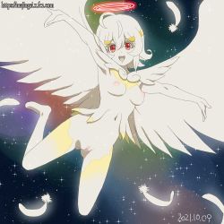 Rule 34 | 1girl, 2021, angel, angel wings, arms up, ass, breasts, dated, eyelashes, feathered wings, feathers, female focus, flying, ginko (silver fox), hair between eyes, halo, headband, legs, looking at viewer, nasse, navel, night, nipples, nude, open mouth, platinum end, red eyes, short hair, sky, solo, sparkle, star (sky), starry sky, stomach, teeth, watermark, web address, white hair, wings