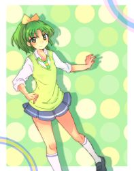Rule 34 | 10s, 1girl, dress, green eyes, green hair, green sweater vest, long hair, matching hair/eyes, midorikawa nao, necktie, ponytail, precure, school uniform, shoes, sleeves rolled up, smile, smile precure!, socks, solo, sweater vest